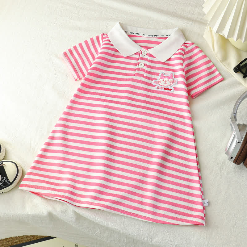 Toddler Girl Animal/Slogan Striped Polo Dress - Pink Cat - 10-11T - image 7