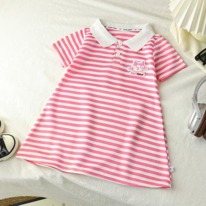Toddler Girl Animal/Slogan Striped Polo Dress - Pink Cat - 10-11T - image 7