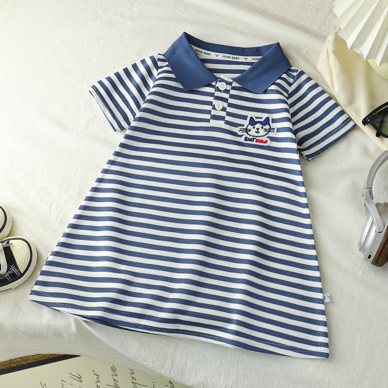 Toddler Girl Animal/Slogan Striped Polo Dress - Blue Cat - 10-11T - image 8