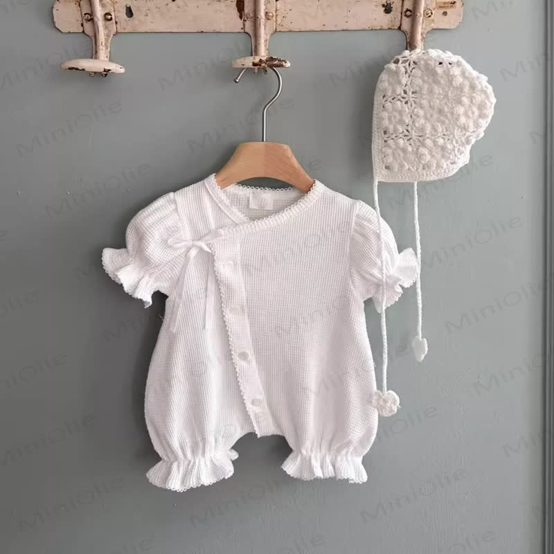 Baby Girls Cotton Bow Solid Color Puff Sleeves Bubble Legs Romper - White - 12-18M - image 2