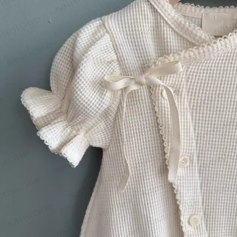 Baby Girls Cotton Bow Solid Color Puff Sleeves Bubble Legs Romper - image 4