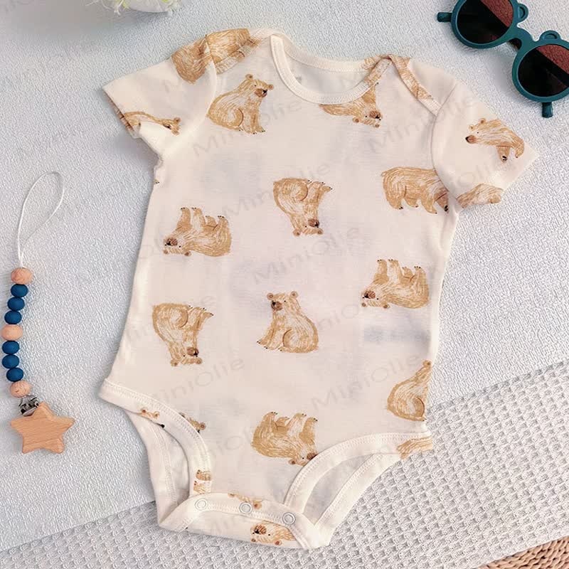 Baby Cotton Animal Print Short Sleeve Bodysuit - Khaki Polar Bear - 18-24M - image 8