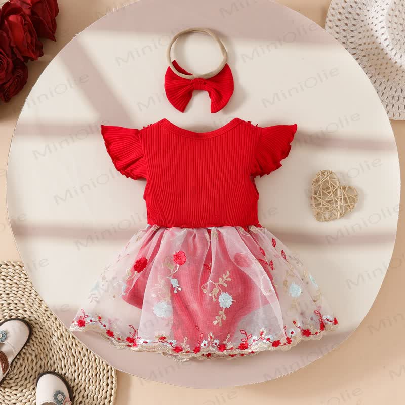 Baby Red Floral Tulle Skirted Bodysuit with Headband - image 2