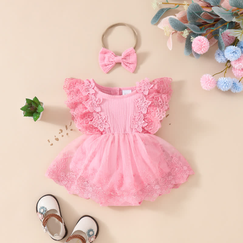 Baby Lace Tulle Ribbed Skirted Bodysuit - Pink - 12-18M - image 2