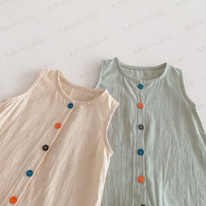 Baby Solid Color Airy Cotton Gauze Button Front Sleeveless Romper - image 4