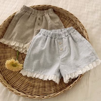 Toddler Girls Cotton Striped Lace Hem Shorts - Blue - 4-5T - image 1