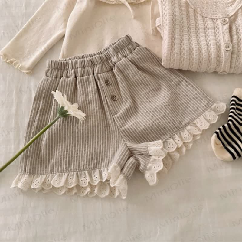 Toddler Girls Cotton Striped Lace Hem Shorts - Coffee - 4-5T - image 2