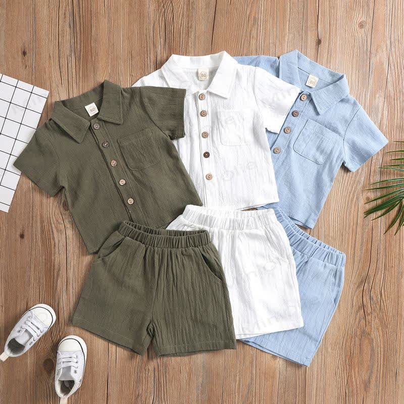 Toddler Kid Boys Cotton Linen Solid Color Polo Shirt and Shorts 2-piece Set - image 1