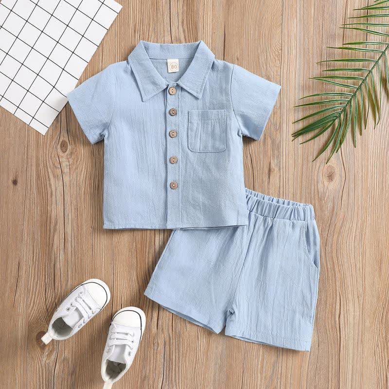 Toddler Kid Boys Cotton Linen Solid Color Polo Shirt and Shorts 2-piece Set - Blue - 6-7T - image 4