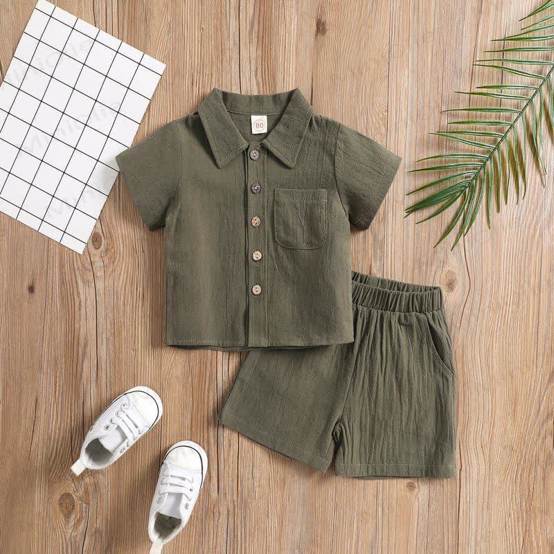 Toddler Kid Boys Cotton Linen Solid Color Polo Shirt and Shorts 2-piece Set - Green - 10-11T - image 3