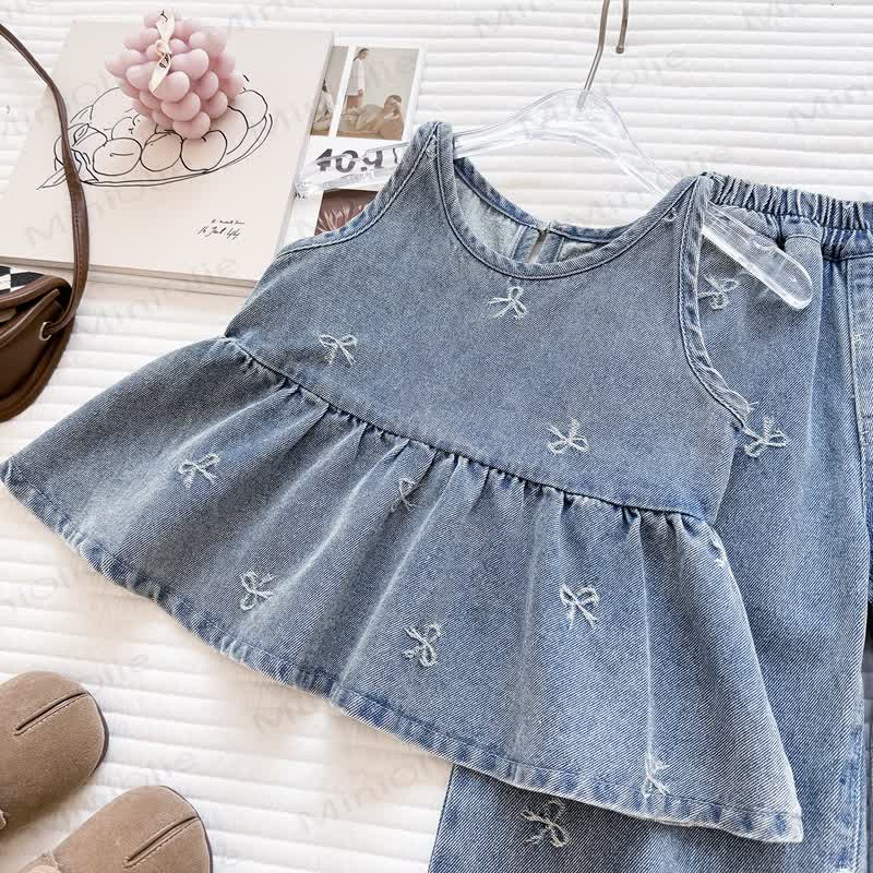 Toddler Girl Bow Embroidered Denim Peplum Pant Set - image 2