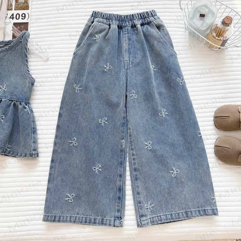 Toddler Girl Bow Embroidered Denim Peplum Pant Set - image 4