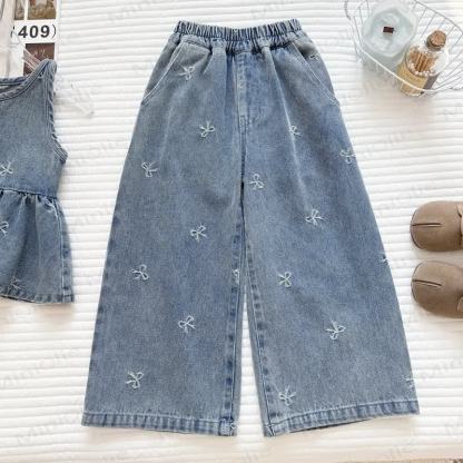 Toddler Girl Bow Embroidered Denim Peplum Pant Set - image 4