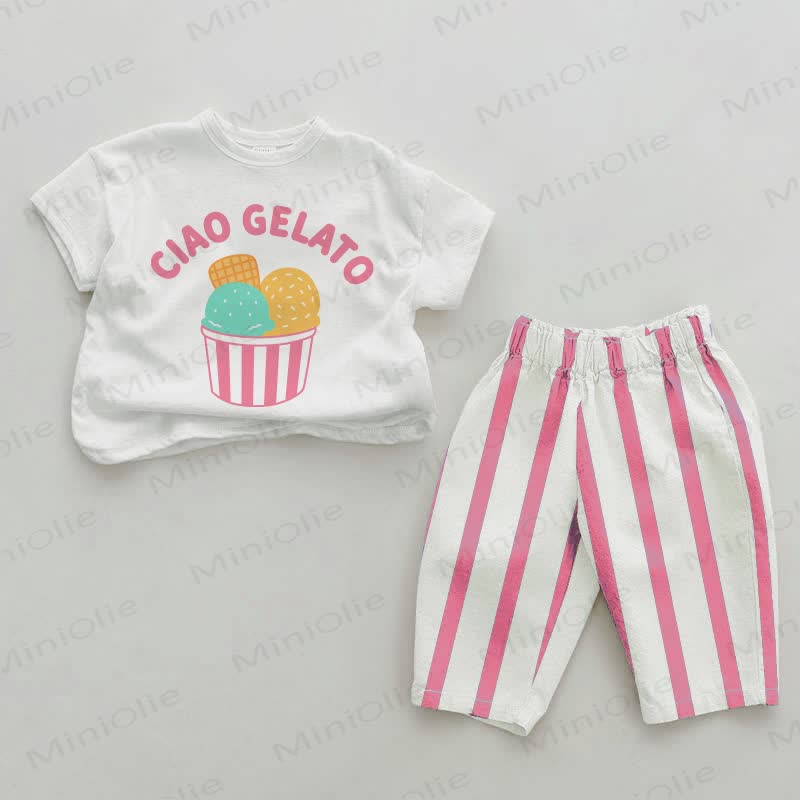 CIAO GELATO Baby Pink Vertical Striped 2-piece Set - White&Pink - 2-3T - image 1