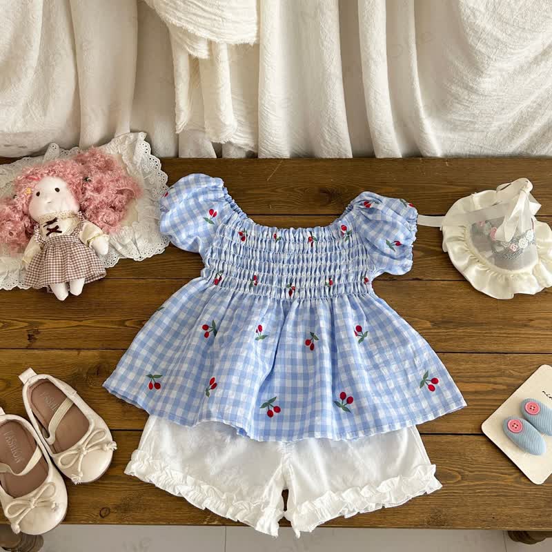 Baby Cherry Gingham Short-Sleeve Set - Blue - 4-5T - image 1