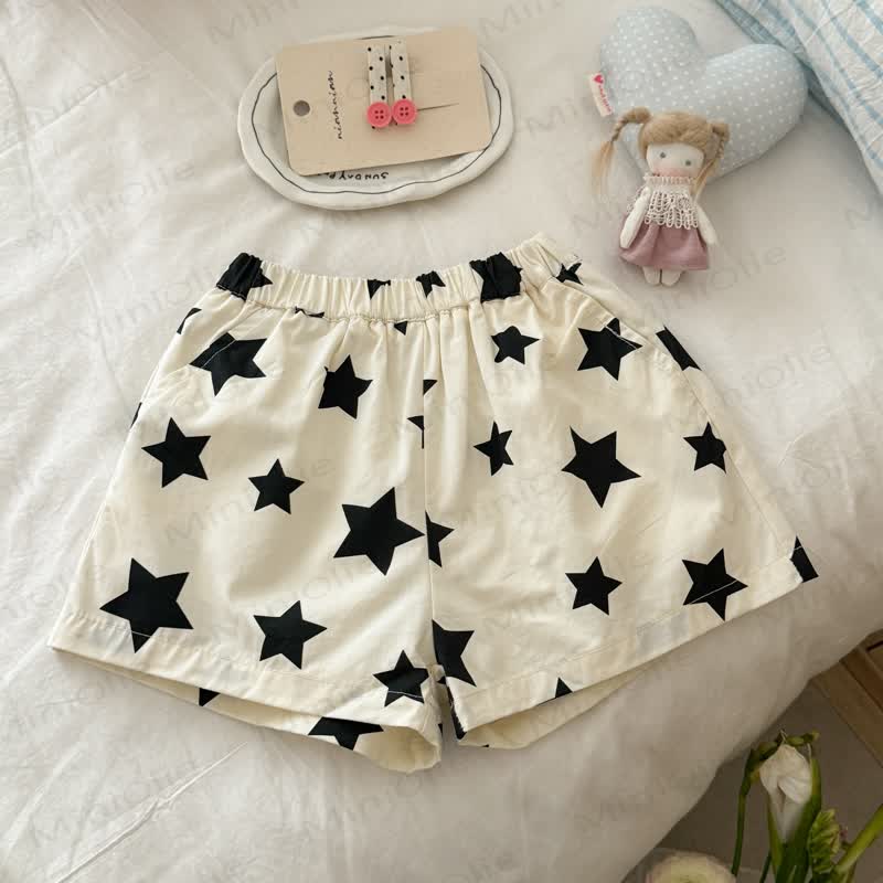 Toddler Girls Cotton Polka Dot Lounge Shorts or Lace Socks - Beige Star - 8-9T - image 3