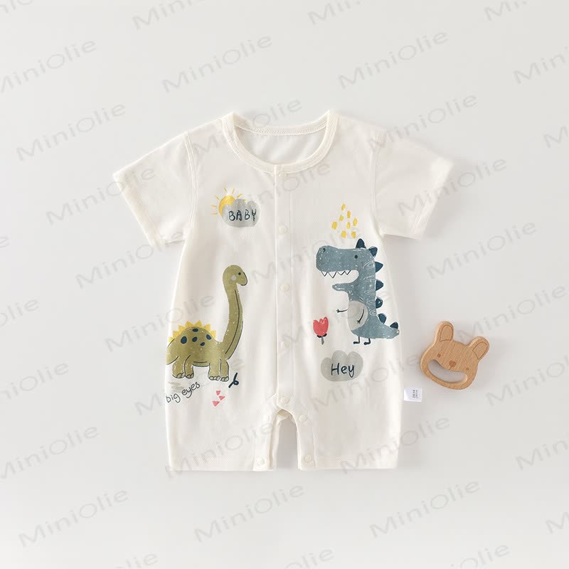 Baby Cotton Animal Print Short Sleeves Romper - Beige Dino - 18-24M - image 1