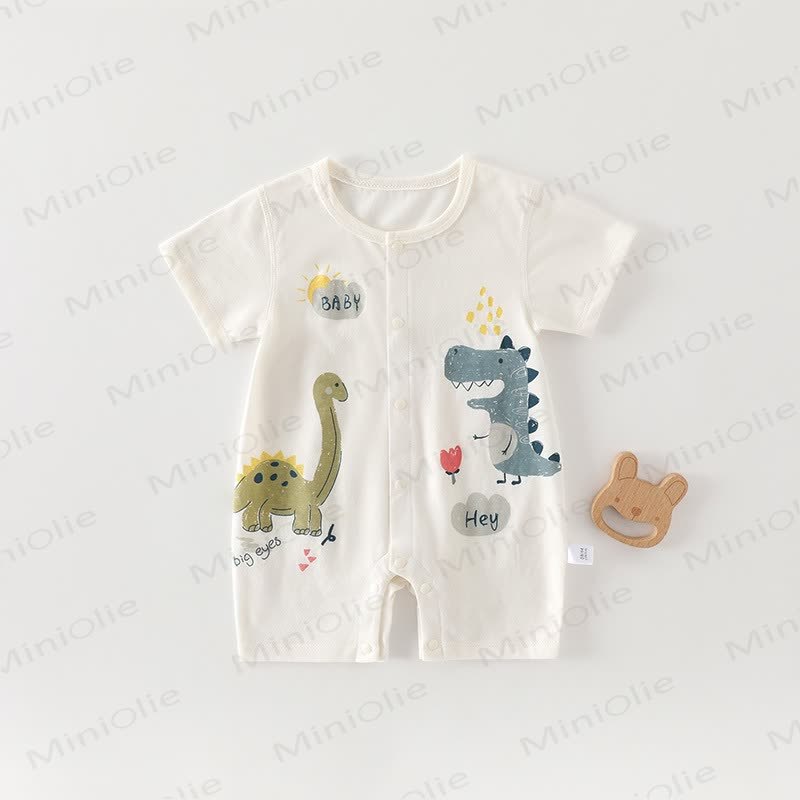 Baby Cotton Animal Print Short Sleeves Romper - Beige Dino - 18-24M - image 1