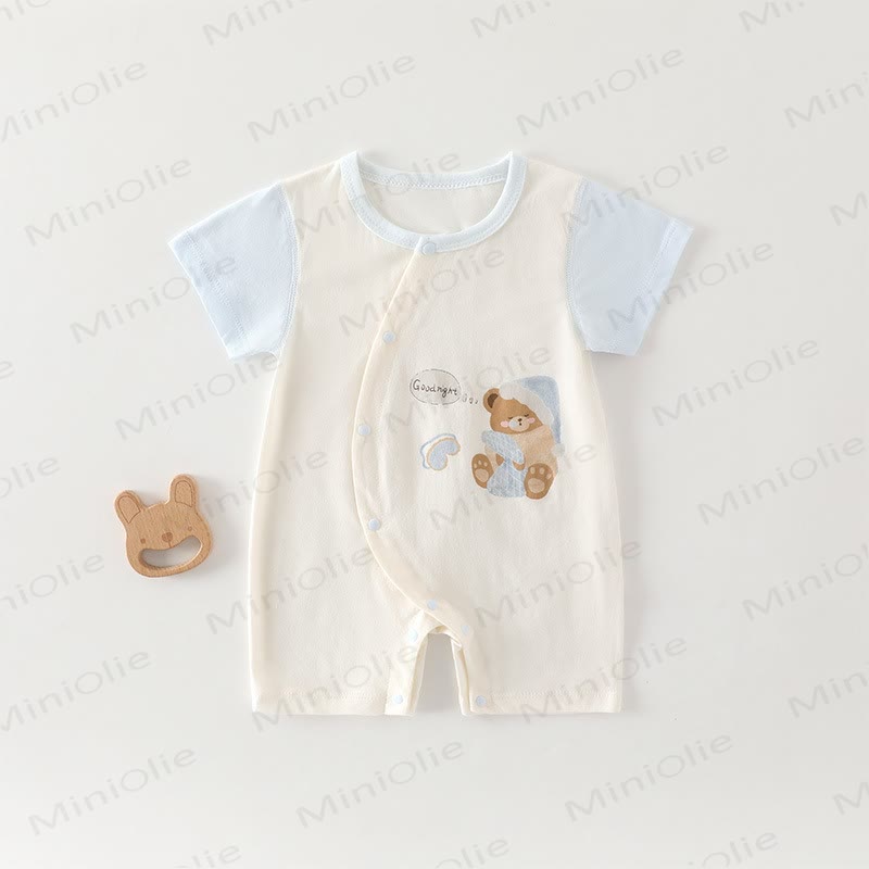 Baby Cotton Animal Print Short Sleeves Romper - Blue Nightcap Bear - 18-24M - image 9