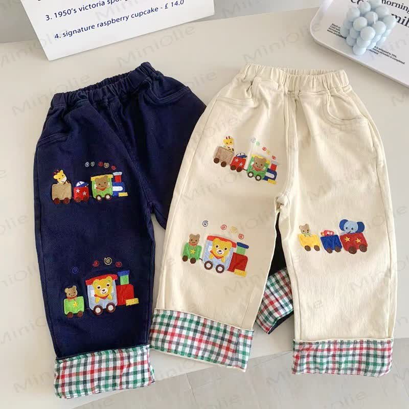 Toddler Cotton Cartoon Train Print Plaid Cuffed Pants - image 1