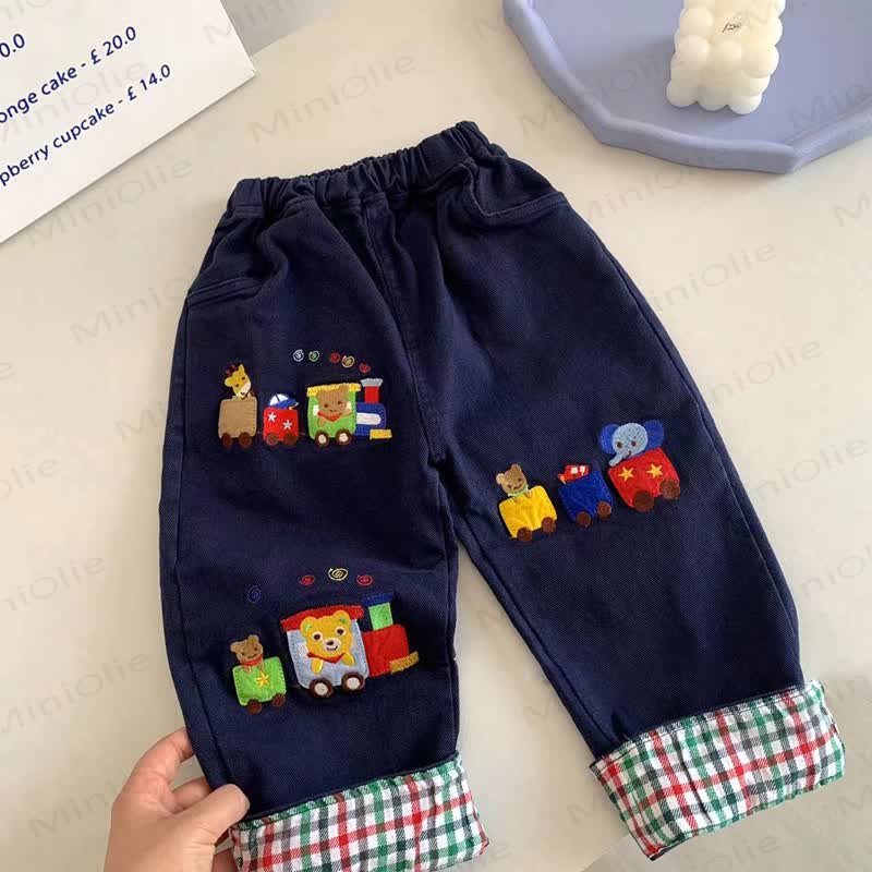 Toddler Cotton Cartoon Train Print Plaid Cuffed Pants - Navy - 4-5T - image 2