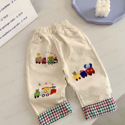 Toddler Cotton Cartoon Train Print Plaid Cuffed Pants - Beige - 4-5T - image 3