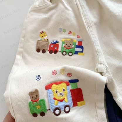 Toddler Cotton Cartoon Train Print Plaid Cuffed Pants - image 5