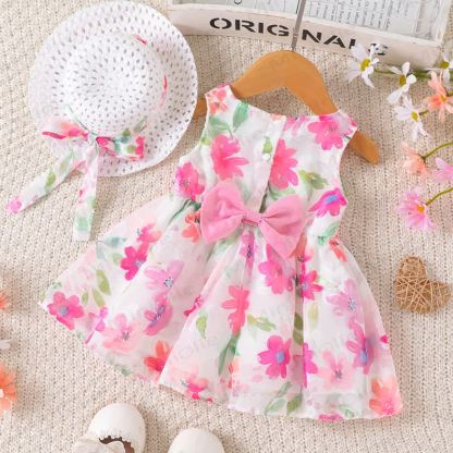 Baby Girl Pink Floral Dress with Hat - image 2