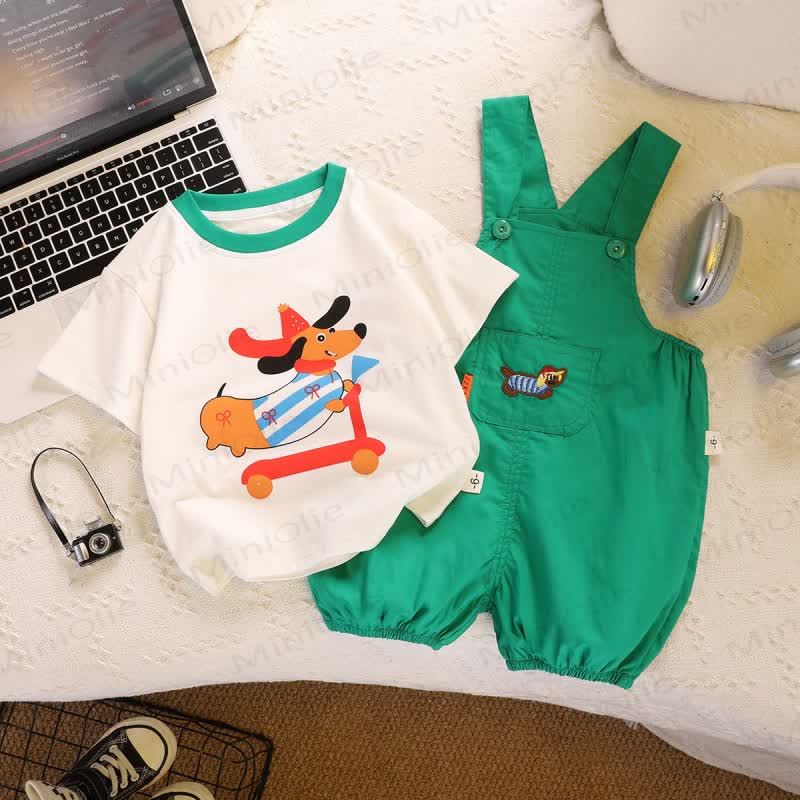 Toddler Boys Dachshund Print Tee and Suspender Shorts 2-piece Overalls Set - Green - 6-7T - image 2