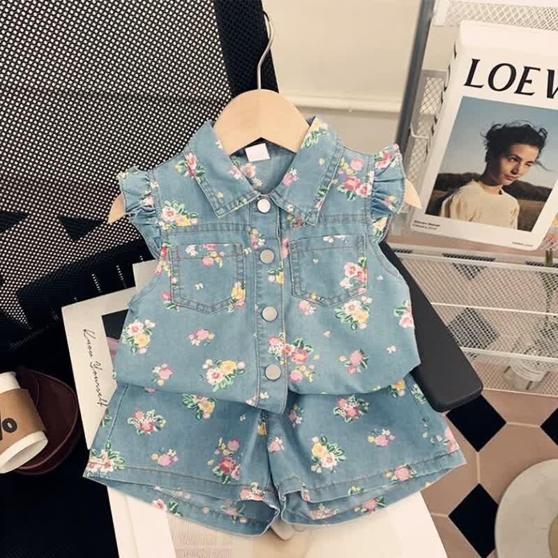 Toddler Girl Denim Floral Sleeveless Set - Big Flower - 8-9T - image 1