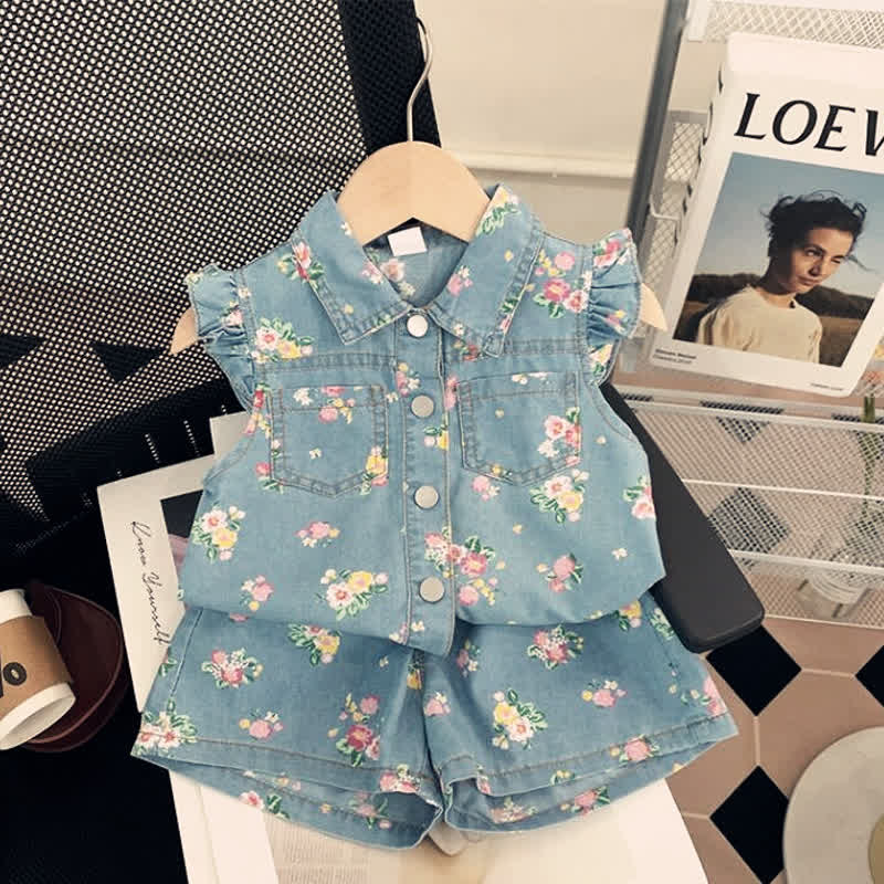 Toddler Girl Denim Floral Sleeveless Set - image 3