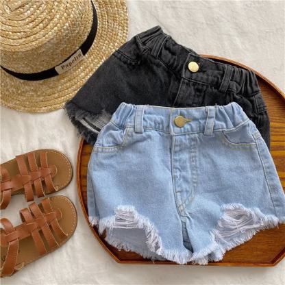 Toddler Kid Girls Washed Denim Solid Color Frayed Hem Shorts - image 1