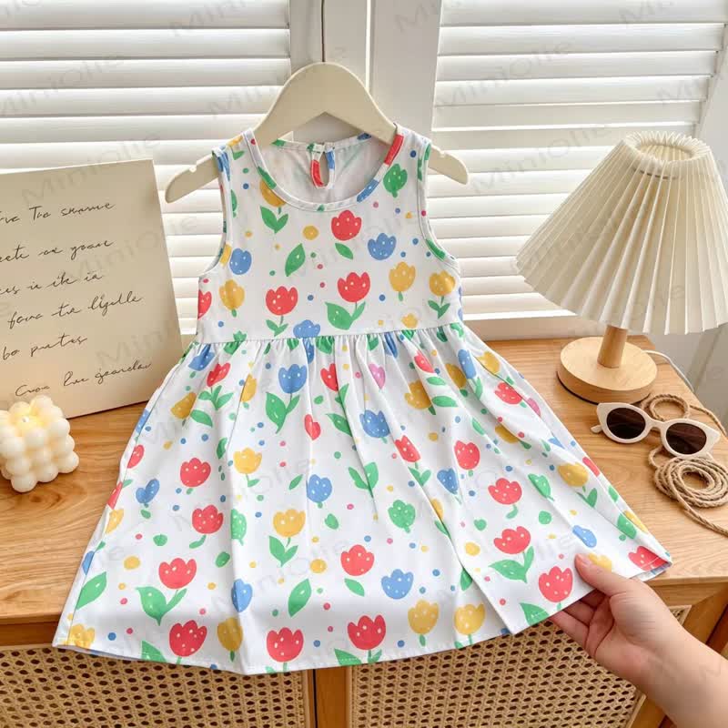 Toddler Girl Floral Print Summer Sleeveless Dress - Colorful Tulip - 6-7T - image 6