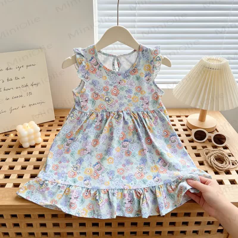 Toddler Girl Floral Print Summer Sleeveless Dress - Green Rabbit - 6-7T - image 9