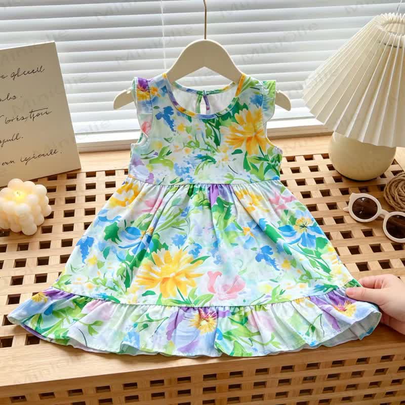 Toddler Girl Floral Print Summer Sleeveless Dress - Green Chrysanthemum - 6-7T - image 11