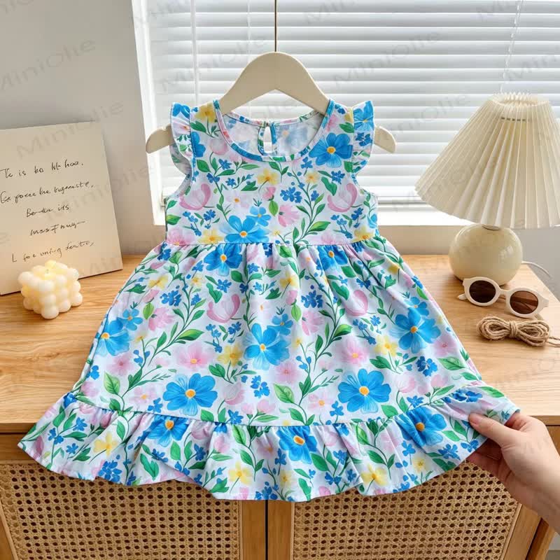 Toddler Girl Floral Print Summer Sleeveless Dress - Blue Flowers - 6-7T - image 14