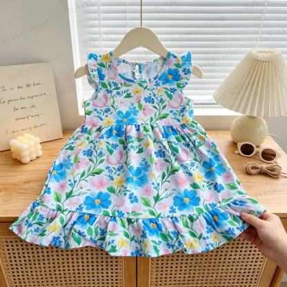 Toddler Girl Floral Print Summer Sleeveless Dress - Blue Flowers - 6-7T - image 14