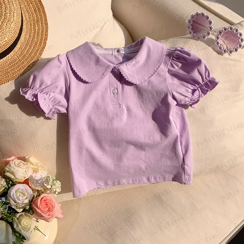 Toddler Girl Solid Color Peter Pan Collar Tee - Purple - 8-9T - image 5