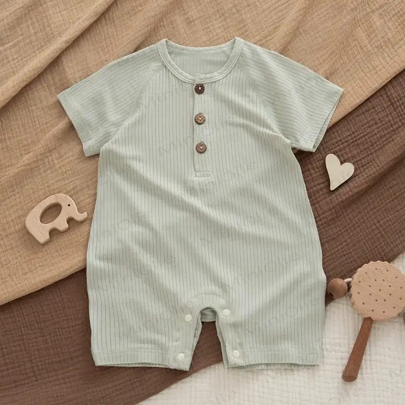 Baby Modal Ribbed Button Animal Romper - Green Romper - 18-24M - image 4