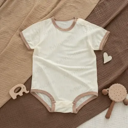Baby Modal Ribbed Button Animal Romper - Beige Bodysuit - 18-24M - image 5