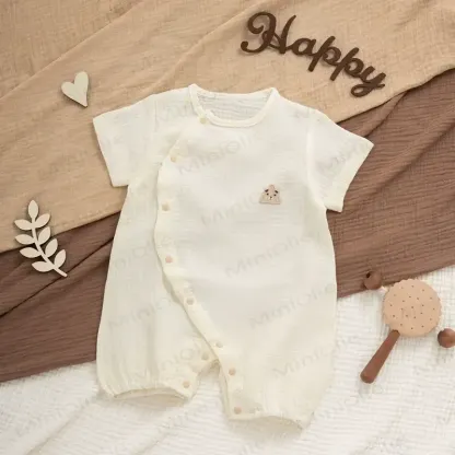 Baby Modal Ribbed Button Animal Romper - Beige Bear - 18-24M - image 14