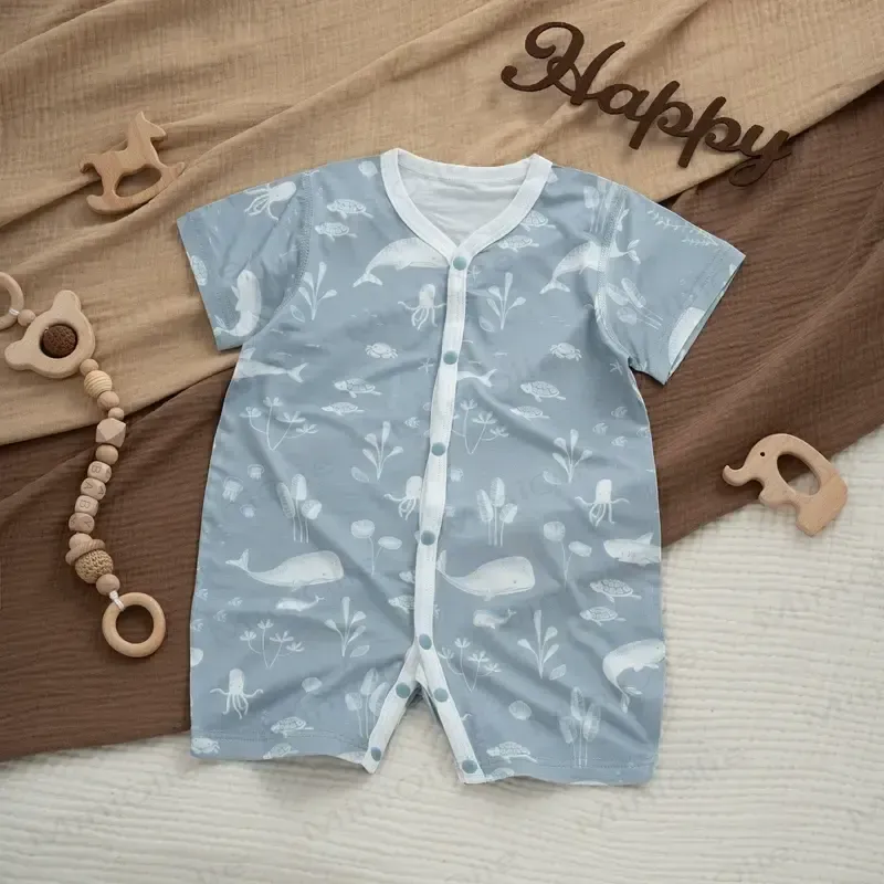 Baby Modal Ribbed Button Animal Romper - Blue - 18-24M - image 18