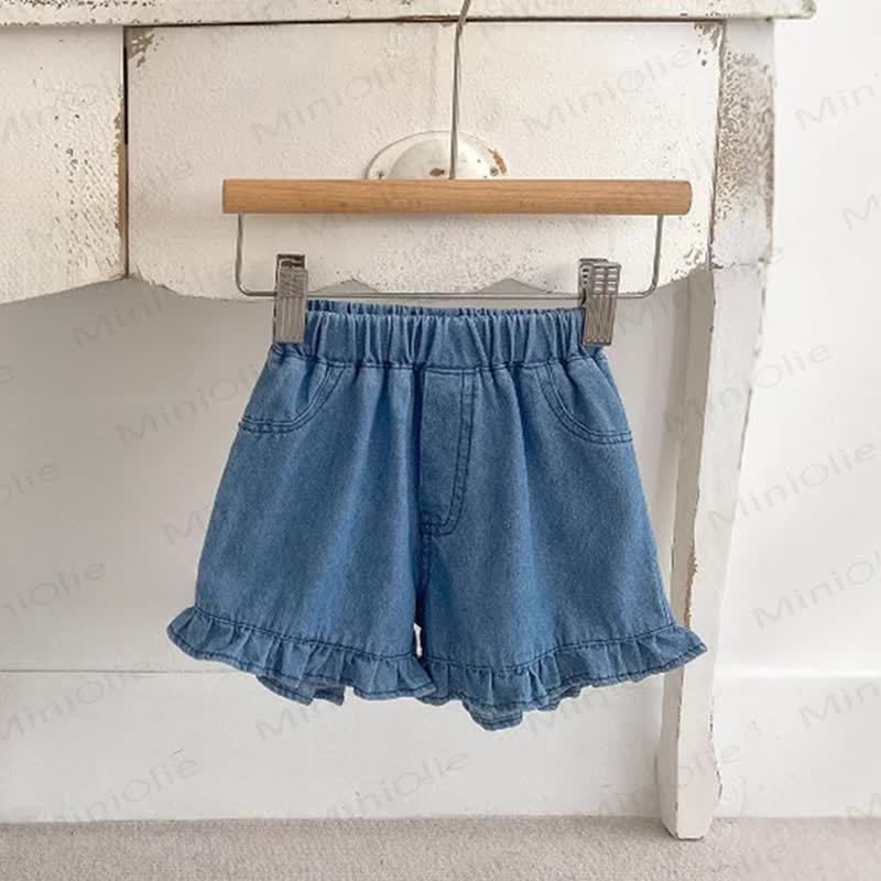 Baby Girls Cotton Solid Color Ruffle Hem Shorts - Blue - 2-3T - image 3