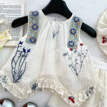 Toddler Girl Floral White Sleeveless Set  - image 3