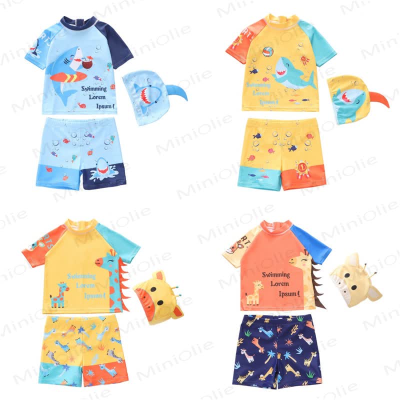 Toddler Boys Cartoon Animal Rash Guard Swimwear 2-piece Set with Swim Cap - image 1