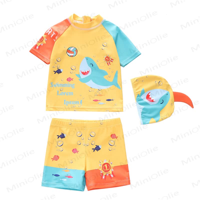 Toddler Boys Cartoon Animal Rash Guard Swimwear 2-piece Set with Swim Cap - Yellow Shark - 4-5T - image 6