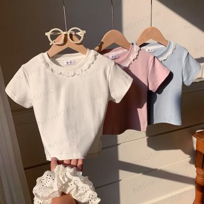 Toddler Kid Girl Solid Color Lace Collar Summer T-Shirt - image 6