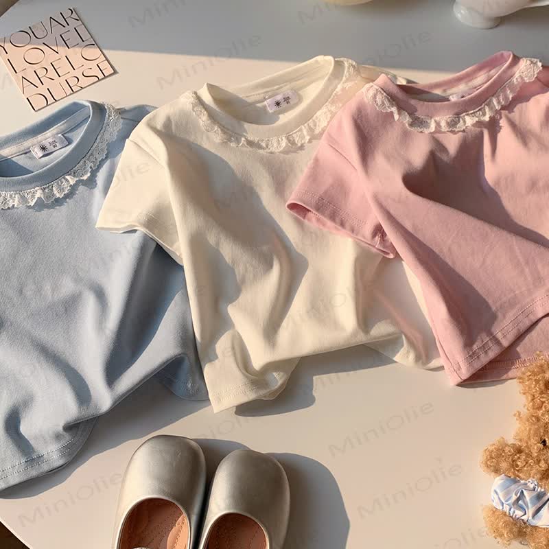 Toddler Kid Girl Solid Color Lace Collar Summer T-Shirt - image 7