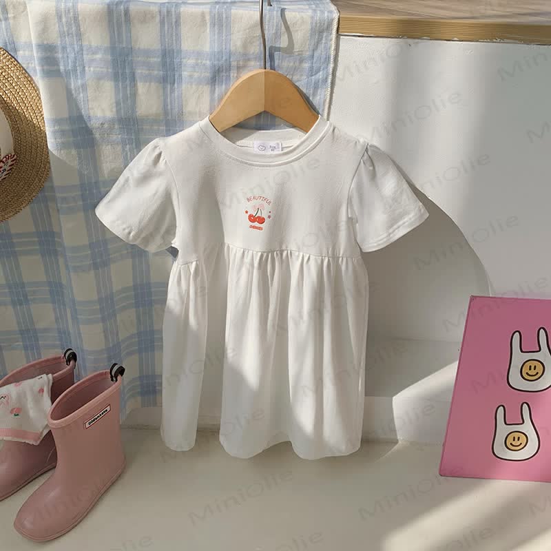 Toddler Girl Solid Color Cartoon Print Dress - White - 8-9T - image 2