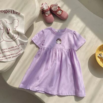 Toddler Girl Solid Color Cartoon Print Dress - Purple - 8-9T - image 6